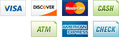 We accept Visa, MasterCard, American Express, Discover, ATM, Cash And Check.